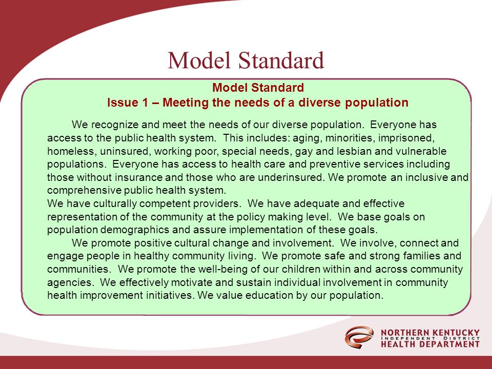 Model Standard Issue 1 – Meeting the needs of a diverse population We recognize and meet the needs of our diverse population.