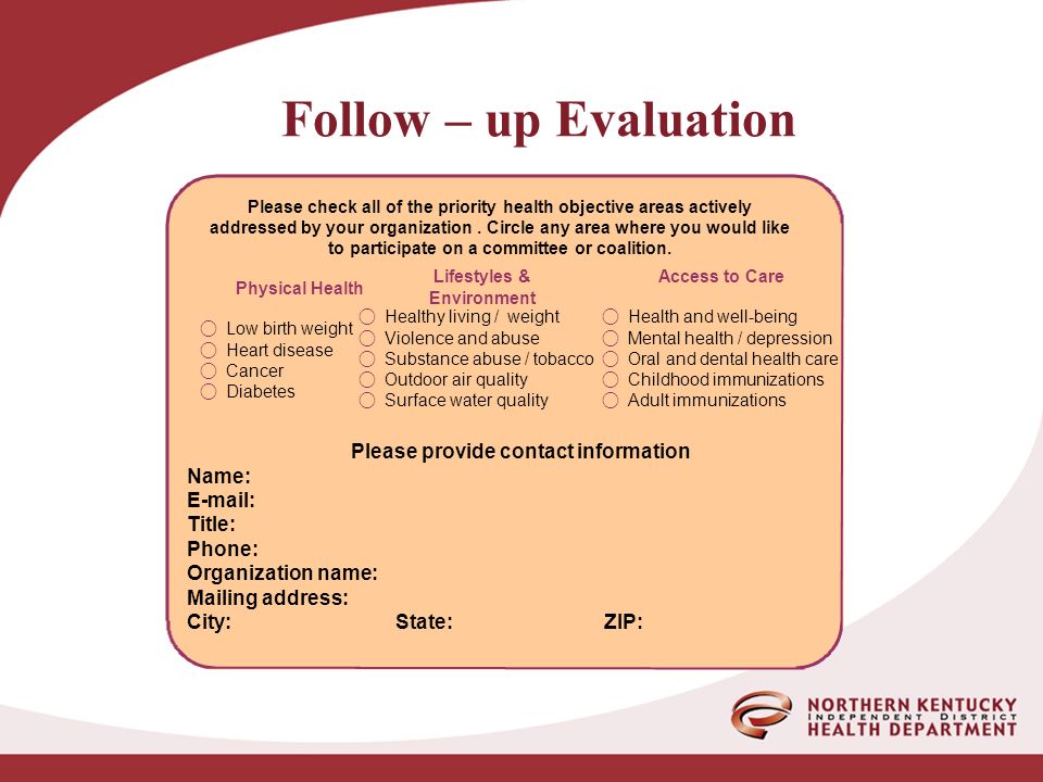 Follow – up Evaluation Please check all of the priority health objective areas actively addressed by your organization.