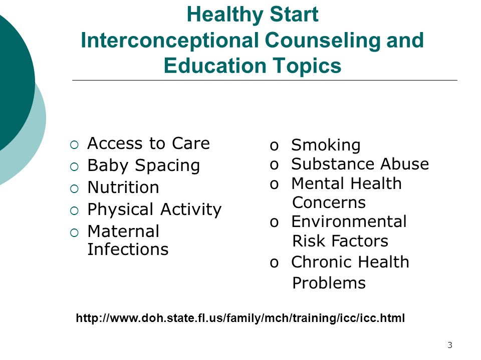 3 Healthy Start Interconceptional Counseling and Education Topics Access to Care Baby Spacing Nutrition Physical Activity Maternal Infections o Smoking o Substance Abuse o Mental Health Concerns o Environmental Risk Factors o Chronic Health Problems