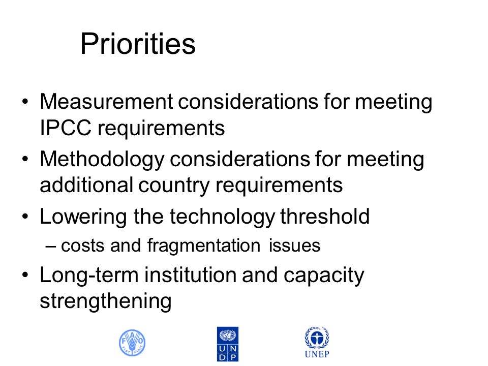Priorities Measurement considerations for meeting IPCC requirements Methodology considerations for meeting additional country requirements Lowering the technology threshold –costs and fragmentation issues Long-term institution and capacity strengthening