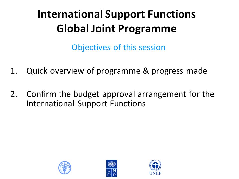 International Support Functions Global Joint Programme Objectives of this session 1.Quick overview of programme & progress made 2.Confirm the budget approval arrangement for the International Support Functions