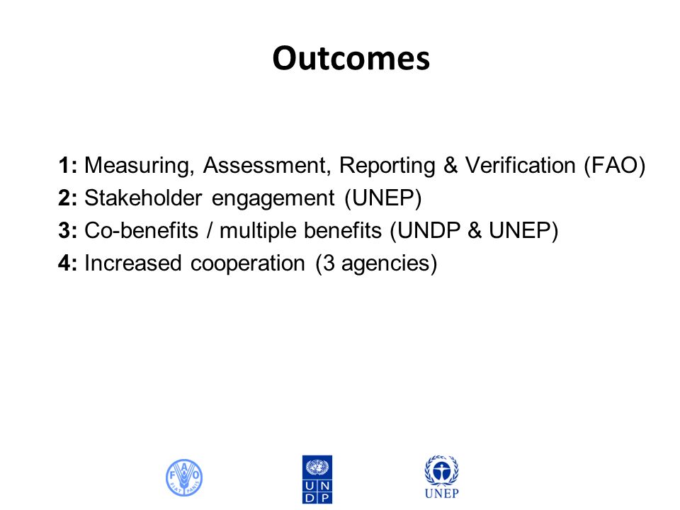 Outcomes 1: Measuring, Assessment, Reporting & Verification (FAO) 2: Stakeholder engagement (UNEP) 3: Co-benefits / multiple benefits (UNDP & UNEP) 4: Increased cooperation (3 agencies)