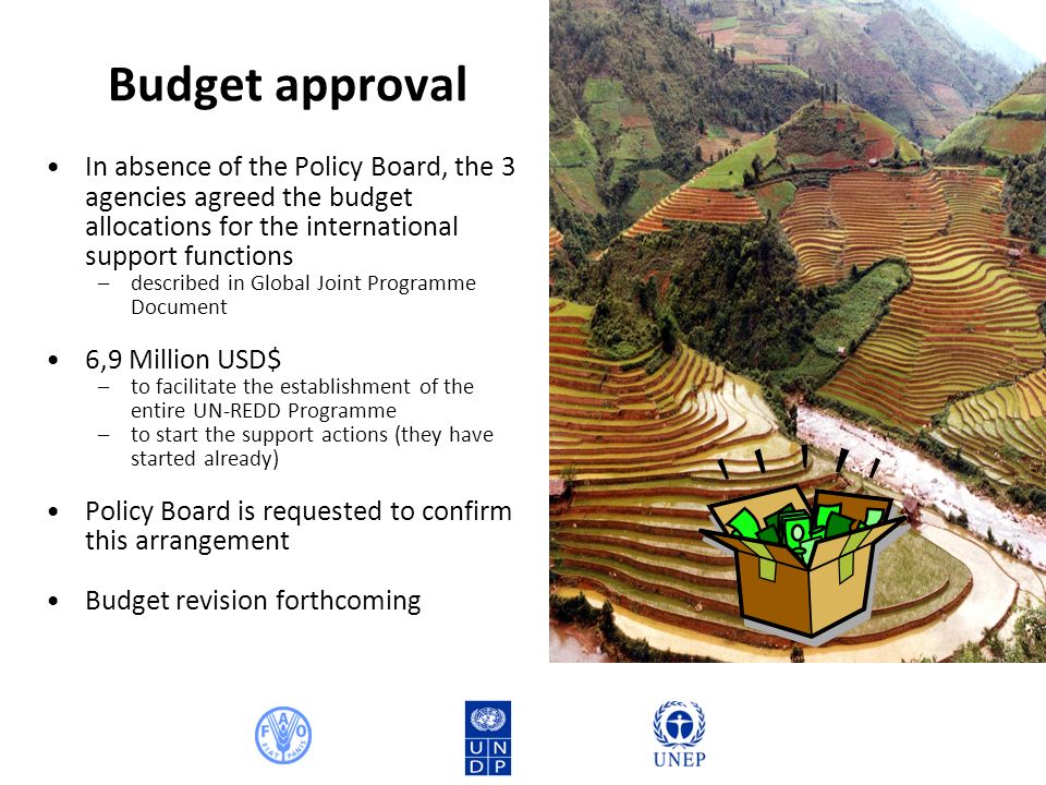 Budget approval In absence of the Policy Board, the 3 agencies agreed the budget allocations for the international support functions –described in Global Joint Programme Document 6,9 Million USD$ –to facilitate the establishment of the entire UN-REDD Programme –to start the support actions (they have started already) Policy Board is requested to confirm this arrangement Budget revision forthcoming