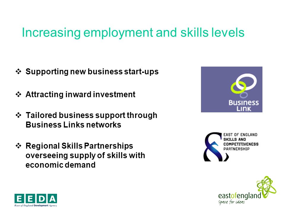 Increasing employment and skills levels Supporting new business start-ups Attracting inward investment Tailored business support through Business Links networks Regional Skills Partnerships overseeing supply of skills with economic demand