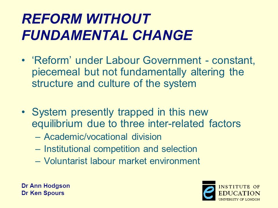 Dr Ann Hodgson Dr Ken Spours REFORM WITHOUT FUNDAMENTAL CHANGE Reform under Labour Government - constant, piecemeal but not fundamentally altering the structure and culture of the system System presently trapped in this new equilibrium due to three inter-related factors –Academic/vocational division –Institutional competition and selection –Voluntarist labour market environment