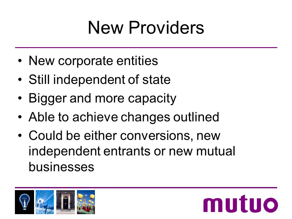 New Providers New corporate entities Still independent of state Bigger and more capacity Able to achieve changes outlined Could be either conversions, new independent entrants or new mutual businesses