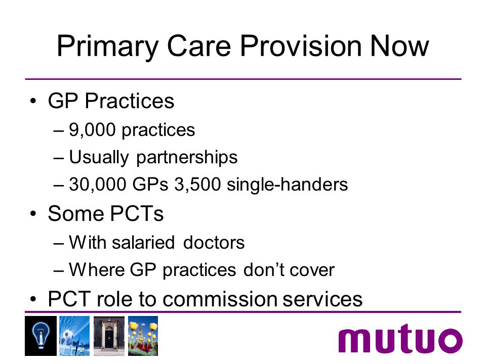 Primary Care Provision Now GP Practices –9,000 practices –Usually partnerships –30,000 GPs 3,500 single-handers Some PCTs –With salaried doctors –Where GP practices dont cover PCT role to commission services