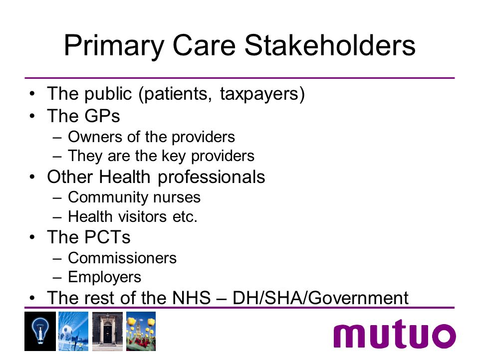 Primary Care Stakeholders The public (patients, taxpayers) The GPs –Owners of the providers –They are the key providers Other Health professionals –Community nurses –Health visitors etc.