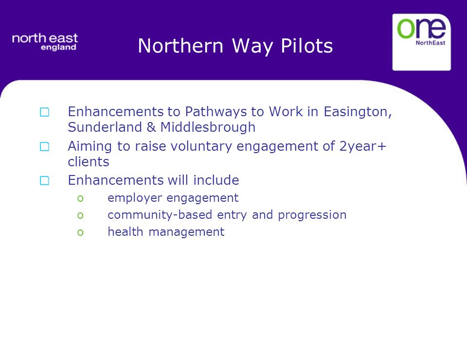 Northern Way Pilots Enhancements to Pathways to Work in Easington, Sunderland & Middlesbrough Aiming to raise voluntary engagement of 2year+ clients Enhancements will include o employer engagement o community-based entry and progression o health management