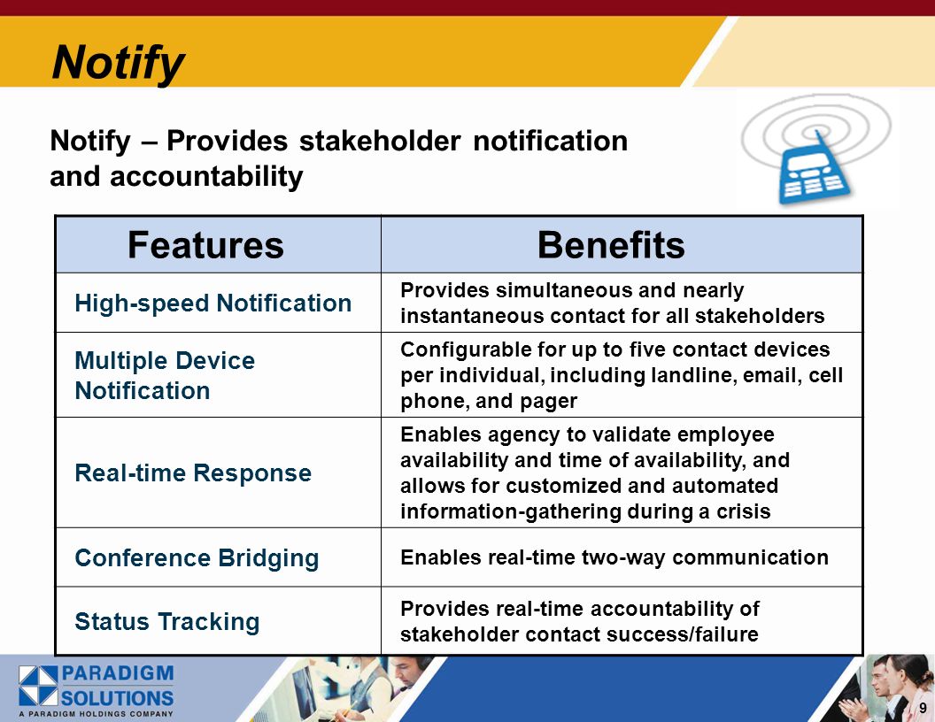 9 Notify Notify – Provides stakeholder notification and accountability Features Benefits High-speed Notification Provides simultaneous and nearly instantaneous contact for all stakeholders Multiple Device Notification Configurable for up to five contact devices per individual, including landline,  , cell phone, and pager Real-time Response Enables agency to validate employee availability and time of availability, and allows for customized and automated information-gathering during a crisis Conference Bridging Enables real-time two-way communication Status Tracking Provides real-time accountability of stakeholder contact success/failure