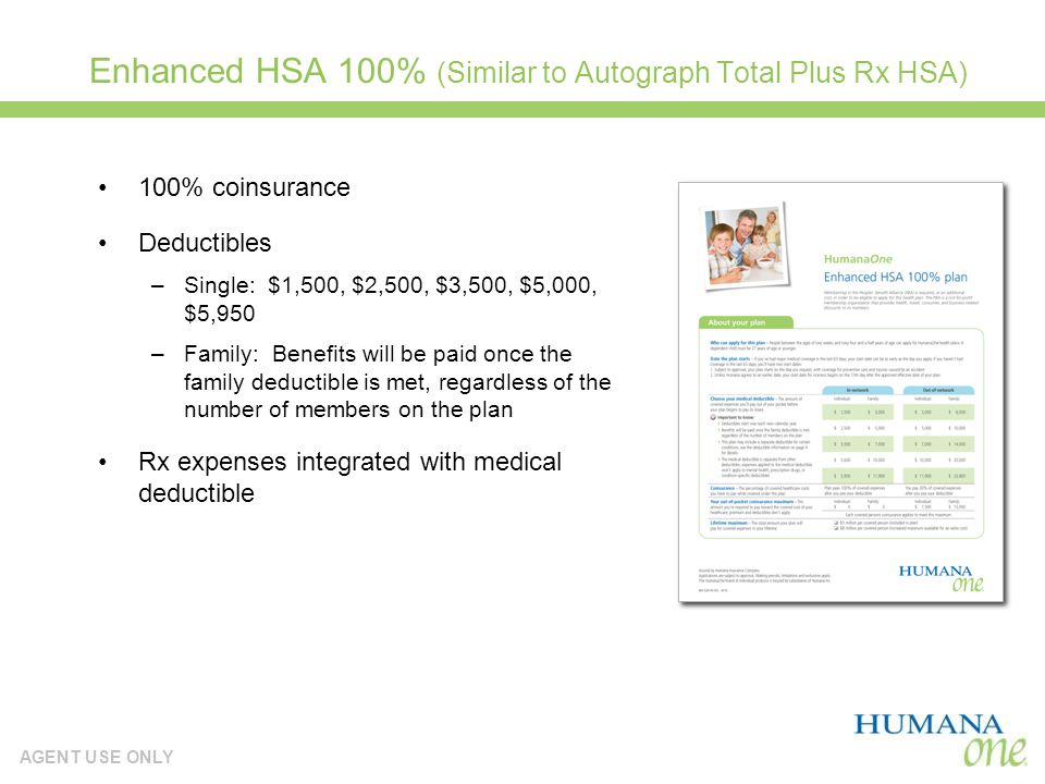 AGENT USE ONLY Enhanced HSA 100% (Similar to Autograph Total Plus Rx HSA) 100% coinsurance Deductibles –Single: $1,500, $2,500, $3,500, $5,000, $5,950 –Family: Benefits will be paid once the family deductible is met, regardless of the number of members on the plan Rx expenses integrated with medical deductible