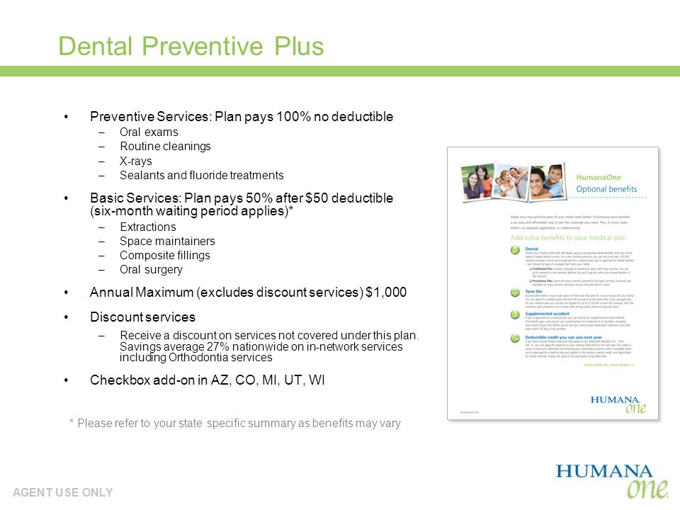 AGENT USE ONLY Dental Preventive Plus Preventive Services: Plan pays 100% no deductible –Oral exams –Routine cleanings –X-rays –Sealants and fluoride treatments Basic Services: Plan pays 50% after $50 deductible (six-month waiting period applies)* –Extractions –Space maintainers –Composite fillings –Oral surgery Annual Maximum (excludes discount services) $1,000 Discount services –Receive a discount on services not covered under this plan.