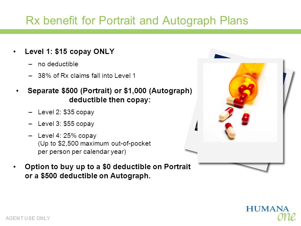 AGENT USE ONLY Rx benefit for Portrait and Autograph Plans Level 1: $15 copay ONLY –no deductible –38% of Rx claims fall into Level 1 Separate $500 (Portrait) or $1,000 (Autograph) deductible then copay: –Level 2: $35 copay –Level 3: $55 copay –Level 4: 25% copay (Up to $2,500 maximum out-of-pocket per person per calendar year) Option to buy up to a $0 deductible on Portrait or a $500 deductible on Autograph.