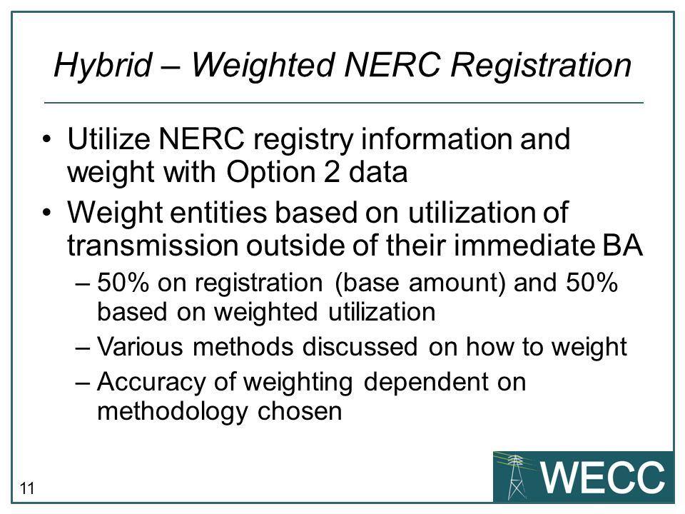 11 Hybrid – Weighted NERC Registration Utilize NERC registry information and weight with Option 2 data Weight entities based on utilization of transmission outside of their immediate BA –50% on registration (base amount) and 50% based on weighted utilization –Various methods discussed on how to weight –Accuracy of weighting dependent on methodology chosen