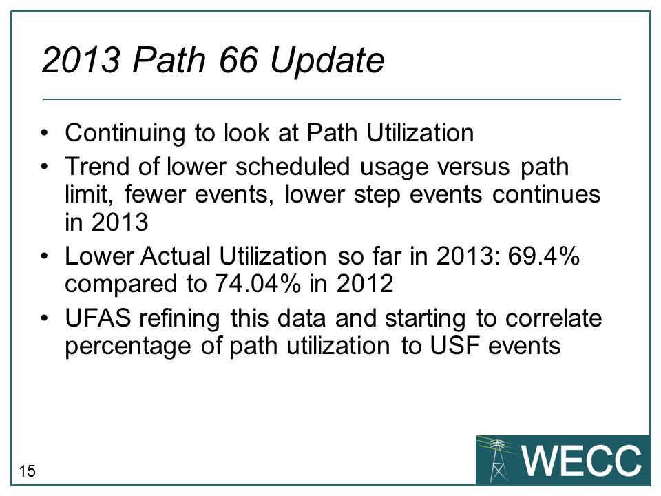 Path 66 Update Continuing to look at Path Utilization Trend of lower scheduled usage versus path limit, fewer events, lower step events continues in 2013 Lower Actual Utilization so far in 2013: 69.4% compared to 74.04% in 2012 UFAS refining this data and starting to correlate percentage of path utilization to USF events