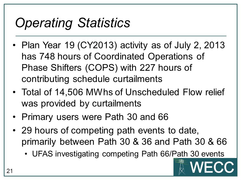 21 Plan Year 19 (CY2013) activity as of July 2, 2013 has 748 hours of Coordinated Operations of Phase Shifters (COPS) with 227 hours of contributing schedule curtailments Total of 14,506 MWhs of Unscheduled Flow relief was provided by curtailments Primary users were Path 30 and hours of competing path events to date, primarily between Path 30 & 36 and Path 30 & 66 UFAS investigating competing Path 66/Path 30 events Operating Statistics