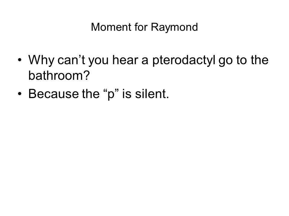 Moment for Raymond Why cant you hear a pterodactyl go to the bathroom Because the p is silent.