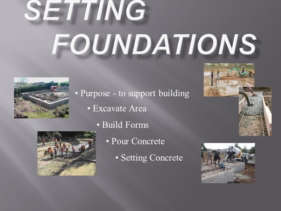 Purpose - to support building Excavate Area Build Forms Pour Concrete Setting Concrete