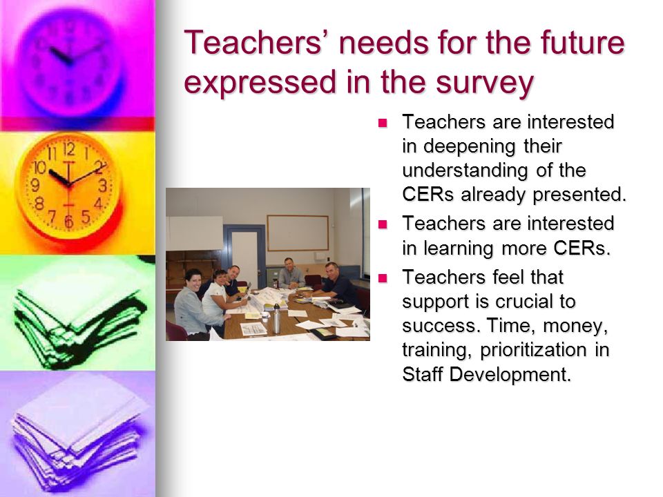 Teachers needs for the future expressed in the survey Teachers are interested in deepening their understanding of the CERs already presented.