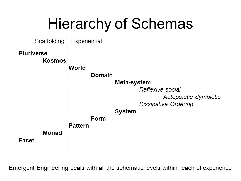 Hierarchy of Schemas Pluriverse Kosmos World Domain Meta-system Reflexive social Autopoietic Symbiotic Dissipative Ordering System Form Pattern Monad Facet Emergent Engineering deals with all the schematic levels within reach of experience ExperientialScaffolding
