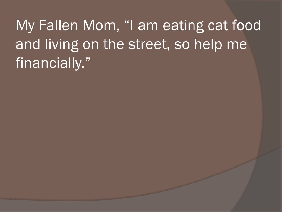 My Fallen Mom, I am eating cat food and living on the street, so help me financially.