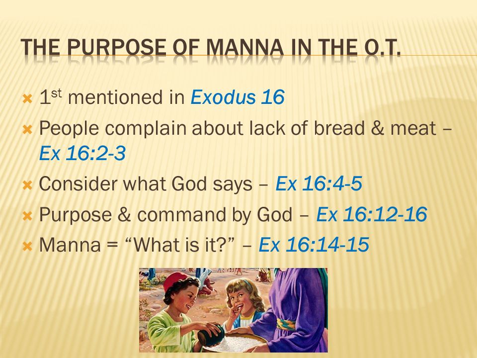 1 st mentioned in Exodus 16 People complain about lack of bread & meat – Ex 16:2-3 Consider what God says – Ex 16:4-5 Purpose & command by God – Ex 16:12-16 Manna = What is it.
