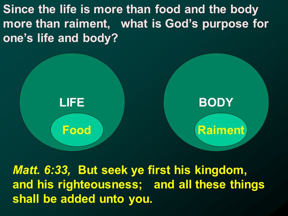 LIFEBODY FoodRaiment Since the life is more than food and the body more than raiment, what is Gods purpose for ones life and body.