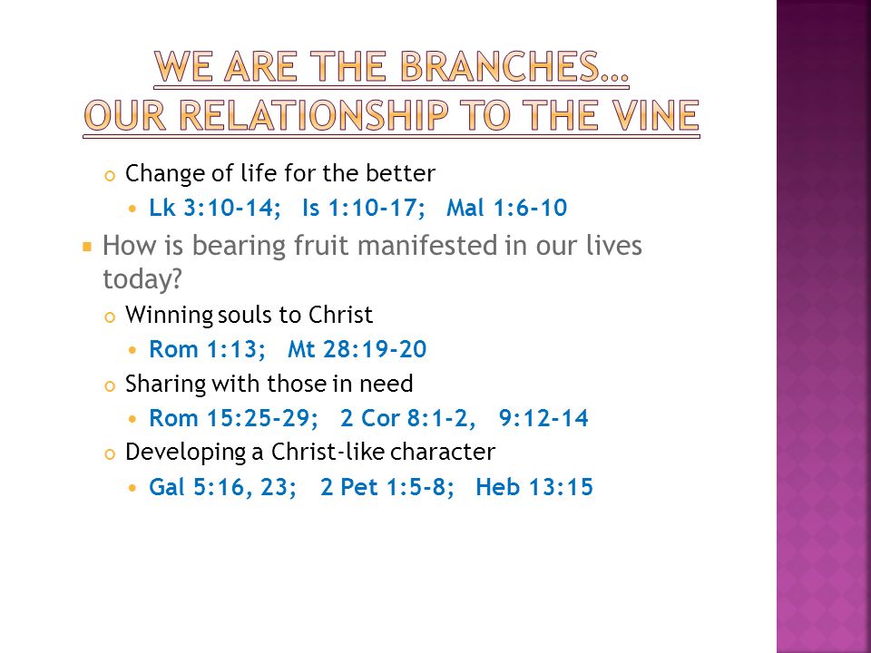 Change of life for the better Lk 3:10-14; Is 1:10-17; Mal 1:6-10 How is bearing fruit manifested in our lives today.