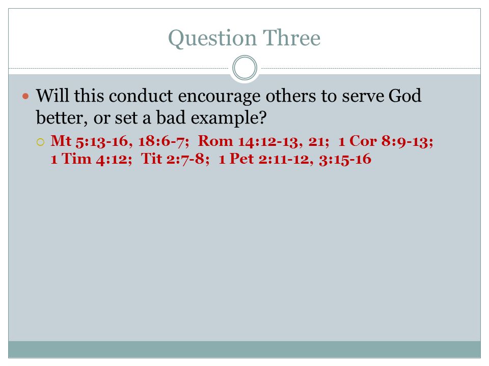 Question Three Will this conduct encourage others to serve God better, or set a bad example.