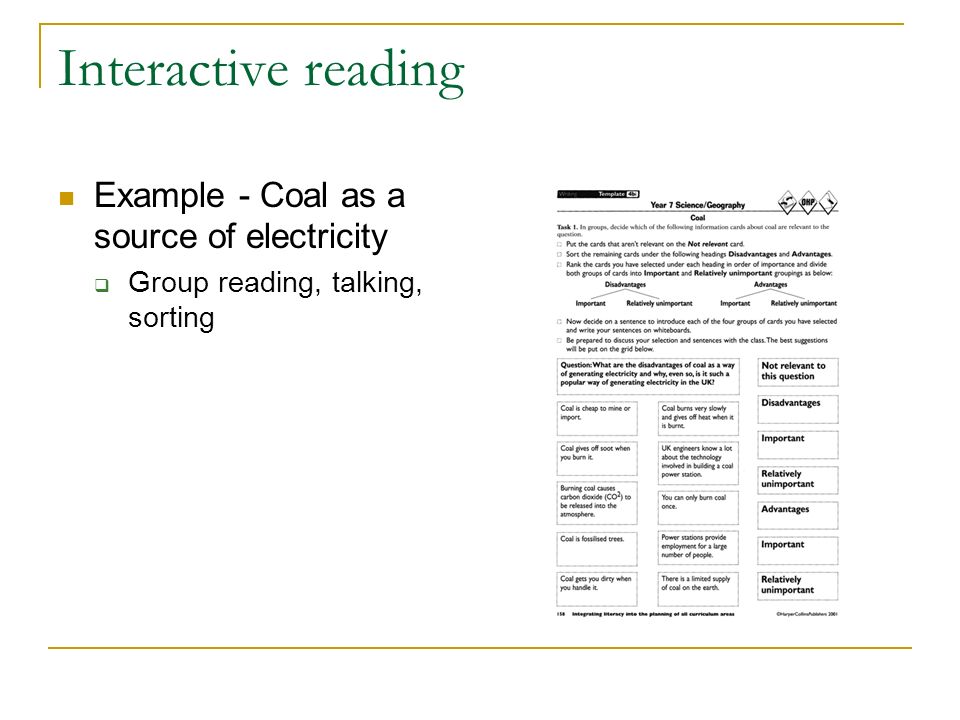 Interactive reading Example - Coal as a source of electricity Group reading, talking, sorting
