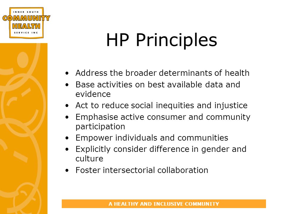 A HEALTHY AND INCLUSIVE COMMUNITY HP Principles Address the broader determinants of health Base activities on best available data and evidence Act to reduce social inequities and injustice Emphasise active consumer and community participation Empower individuals and communities Explicitly consider difference in gender and culture Foster intersectorial collaboration