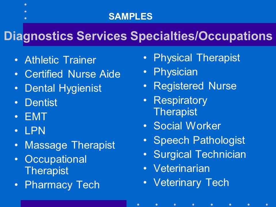 Diagnostics Services Specialties/Occupations Athletic Trainer Certified Nurse Aide Dental Hygienist Dentist EMT LPN Massage Therapist Occupational Therapist Pharmacy Tech Physical Therapist Physician Registered Nurse Respiratory Therapist Social Worker Speech Pathologist Surgical Technician Veterinarian Veterinary Tech SAMPLES