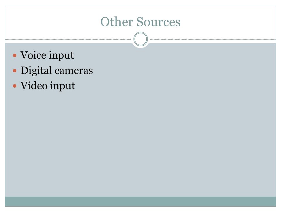 Voice input Digital cameras Video input Other Sources