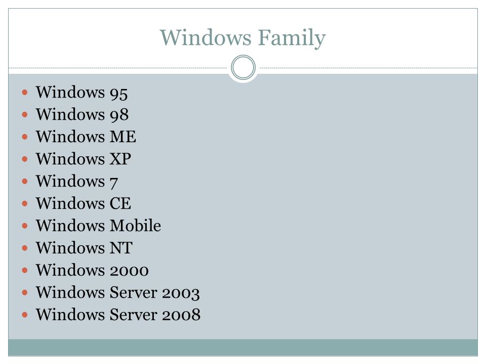 Windows Family Windows 95 Windows 98 Windows ME Windows XP Windows 7 Windows CE Windows Mobile Windows NT Windows 2000 Windows Server 2003 Windows Server 2008