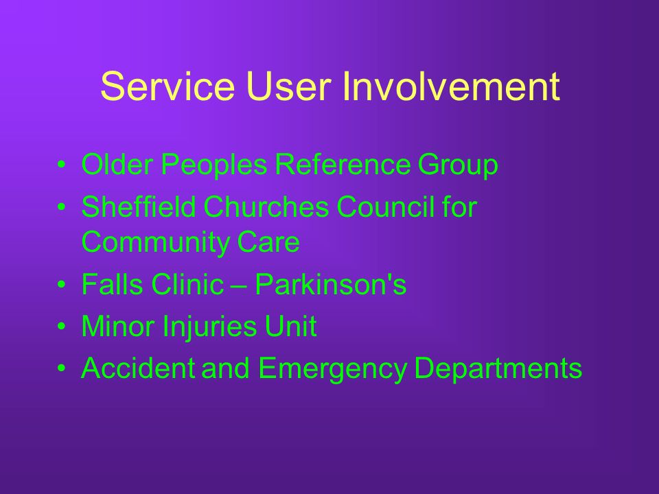 Service User Involvement Older Peoples Reference Group Sheffield Churches Council for Community Care Falls Clinic – Parkinson s Minor Injuries Unit Accident and Emergency Departments