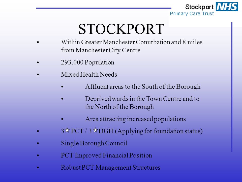 STOCKPORT Within Greater Manchester Conurbation and 8 miles from Manchester City Centre 293,000 Population Mixed Health Needs Affluent areas to the South of the Borough Deprived wards in the Town Centre and to the North of the Borough Area attracting increased populations 3 PCT / 3 DGH (Applying for foundation status) Single Borough Council PCT Improved Financial Position Robust PCT Management Structures