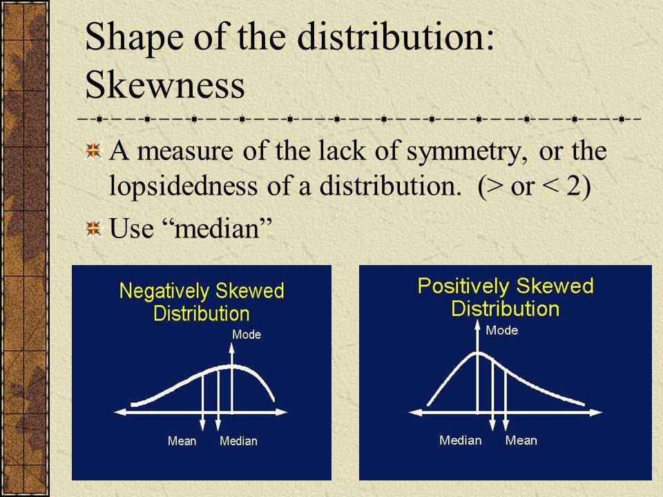 Shape of the distribution: Skewness A measure of the lack of symmetry, or the lopsidedness of a distribution.