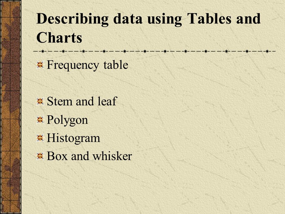Describing data using Tables and Charts Frequency table Stem and leaf Polygon Histogram Box and whisker
