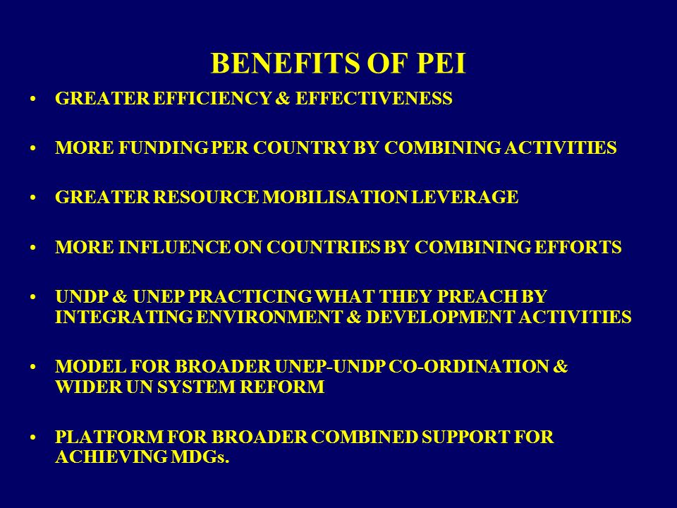 BENEFITS OF PEI GREATER EFFICIENCY & EFFECTIVENESS MORE FUNDING PER COUNTRY BY COMBINING ACTIVITIES GREATER RESOURCE MOBILISATION LEVERAGE MORE INFLUENCE ON COUNTRIES BY COMBINING EFFORTS UNDP & UNEP PRACTICING WHAT THEY PREACH BY INTEGRATING ENVIRONMENT & DEVELOPMENT ACTIVITIES MODEL FOR BROADER UNEP-UNDP CO-ORDINATION & WIDER UN SYSTEM REFORM PLATFORM FOR BROADER COMBINED SUPPORT FOR ACHIEVING MDGs.