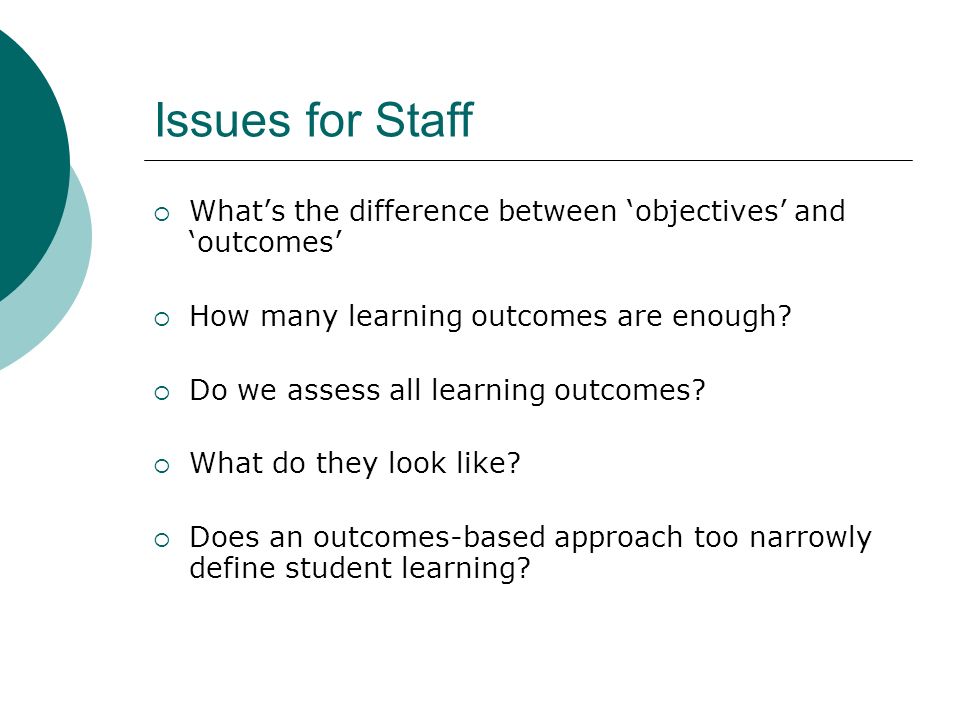 Issues for Staff Whats the difference between objectives and outcomes How many learning outcomes are enough.