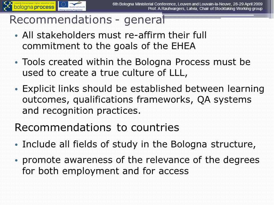 Recommendations - general All stakeholders must re-affirm their full commitment to the goals of the EHEA Tools created within the Bologna Process must be used to create a true culture of LLL, Explicit links should be established between learning outcomes, qualifications frameworks, QA systems and recognition practices.