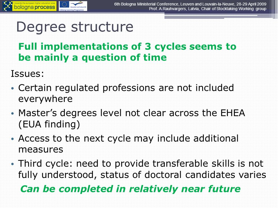 Degree structure Full implementations of 3 cycles seems to be mainly a question of time Issues: Certain regulated professions are not included everywhere Masters degrees level not clear across the EHEA (EUA finding) Access to the next cycle may include additional measures Third cycle: need to provide transferable skills is not fully understood, status of doctoral candidates varies Can be completed in relatively near future 6th Bologna Ministerial Conference, Leuven and Louvain-la-Neuve, April 2009 Prof.