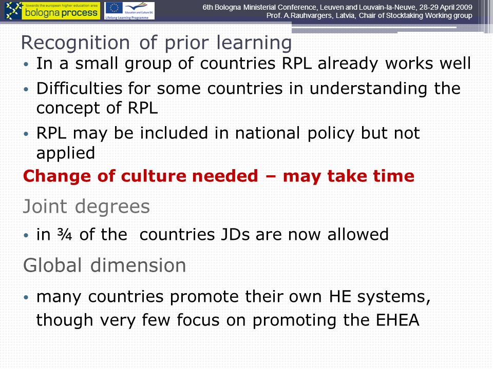 Recognition of prior learning In a small group of countries RPL already works well Difficulties for some countries in understanding the concept of RPL RPL may be included in national policy but not applied Change of culture needed – may take time Joint degrees in ¾ of the countries JDs are now allowed Global dimension many countries promote their own HE systems, though very few focus on promoting the EHEA 6th Bologna Ministerial Conference, Leuven and Louvain-la-Neuve, April 2009 Prof.
