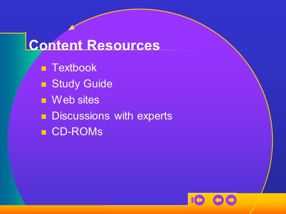 Content Resources Textbook Study Guide Web sites Discussions with experts CD-ROMs