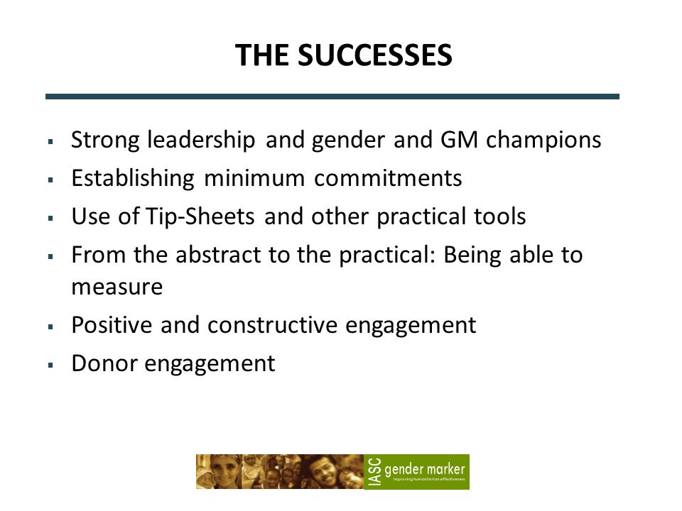 THE SUCCESSES Strong leadership and gender and GM champions Establishing minimum commitments Use of Tip-Sheets and other practical tools From the abstract to the practical: Being able to measure Positive and constructive engagement Donor engagement