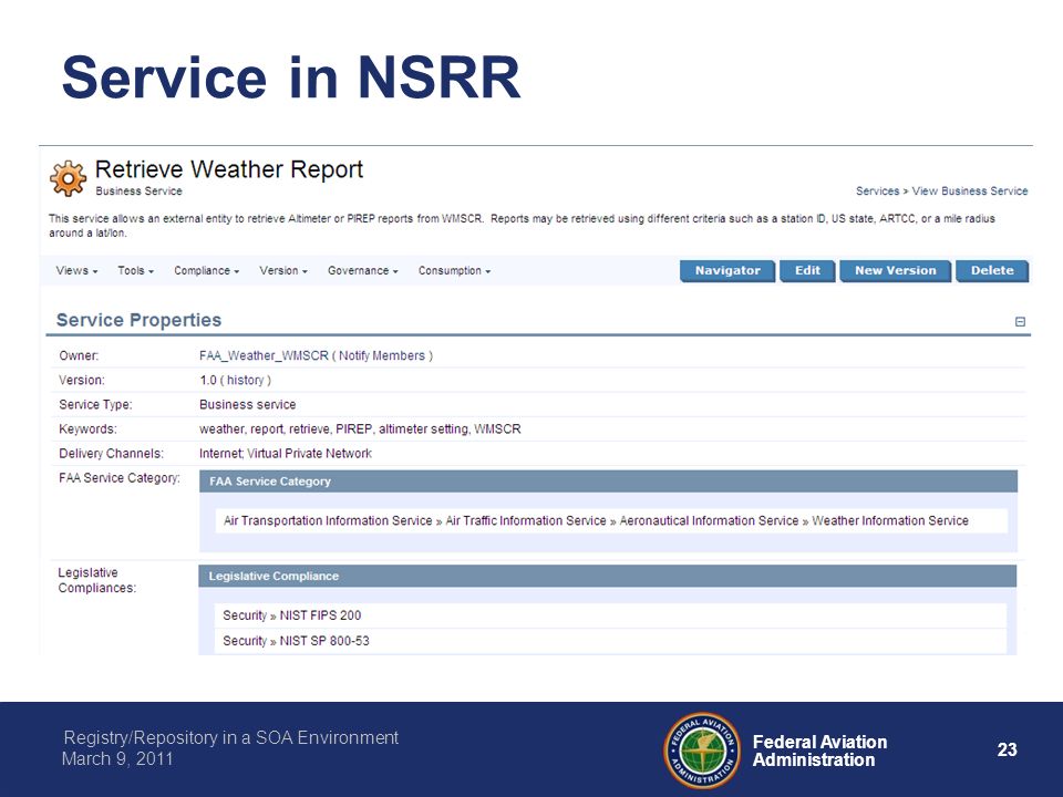 23 Federal Aviation Administration Registry/Repository in a SOA Environment March 9, 2011 Service in NSRR
