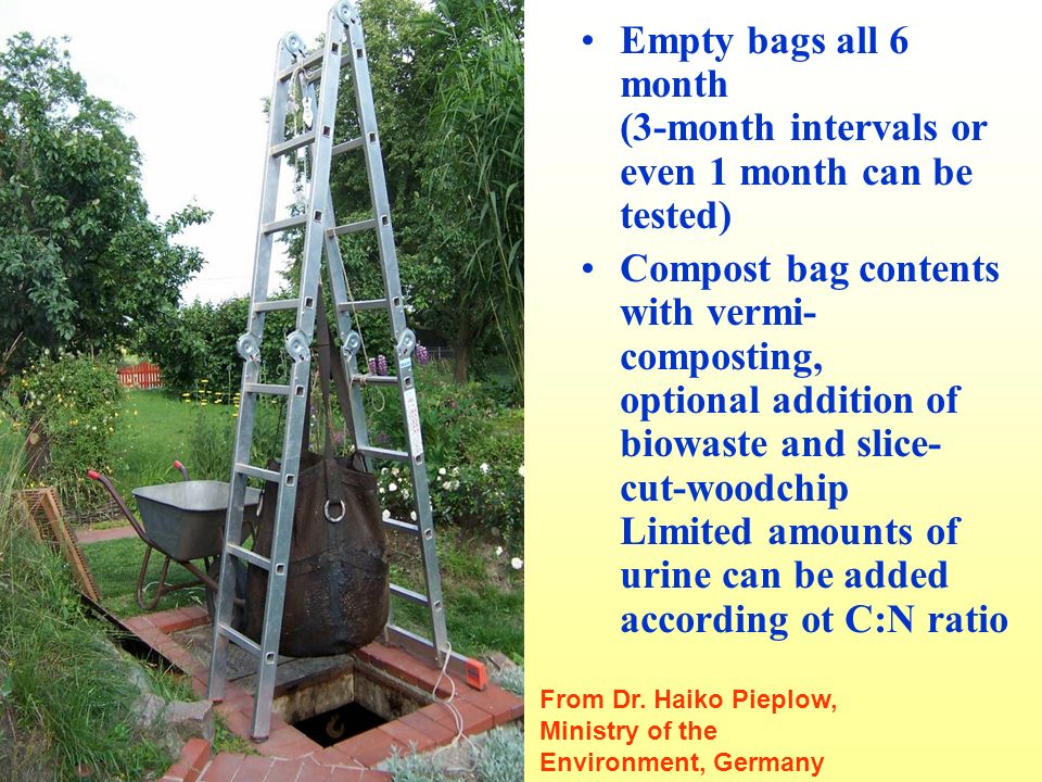 Empty bags all 6 month (3-month intervals or even 1 month can be tested) Compost bag contents with vermi- composting, optional addition of biowaste and slice- cut-woodchip Limited amounts of urine can be added according ot C:N ratio From Dr.