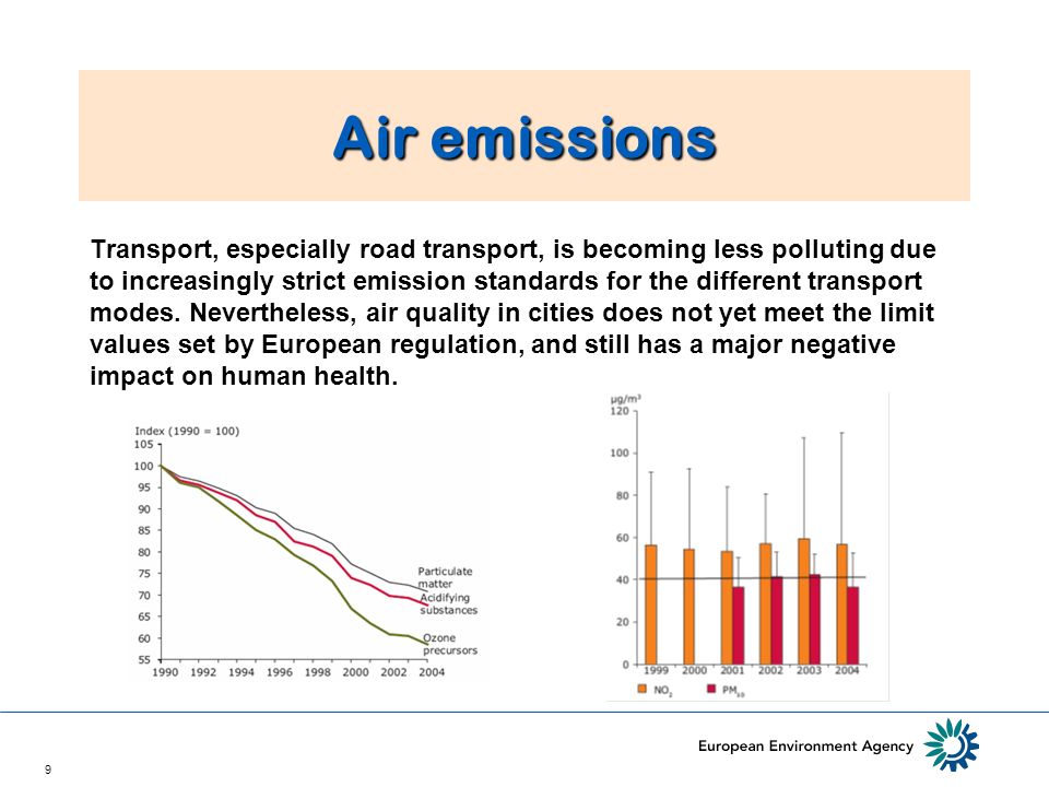 9 Air emissions Transport, especially road transport, is becoming less polluting due to increasingly strict emission standards for the different transport modes.