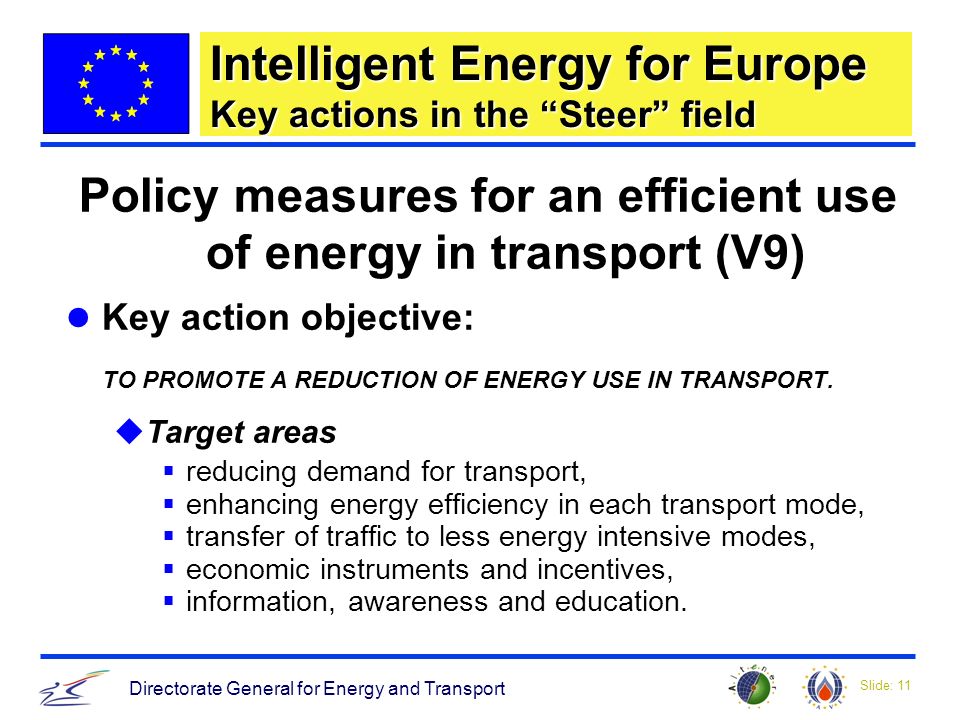 Slide: 11 Directorate General for Energy and Transport Policy measures for an efficient use of energy in transport (V9) Key action objective: TO PROMOTE A REDUCTION OF ENERGY USE IN TRANSPORT.