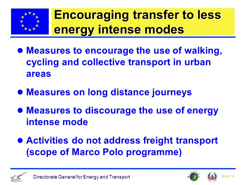 Slide: 14 Directorate General for Energy and Transport Encouraging transfer to less energy intense modes Measures to encourage the use of walking, cycling and collective transport in urban areas Measures on long distance journeys Measures to discourage the use of energy intense mode Activities do not address freight transport (scope of Marco Polo programme)